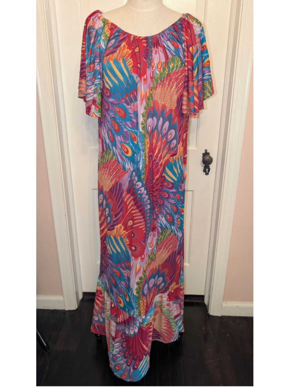 Women's Unbranded Peacock Print Maxi Dress, Red and Blue